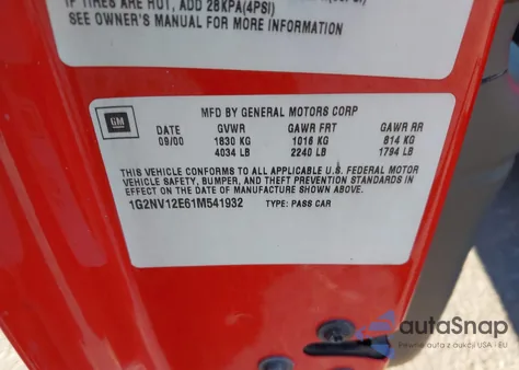 2001 Pontiac Grand Am Gt1 из США, поврежденный, VIN 1G2NV12E61M541932